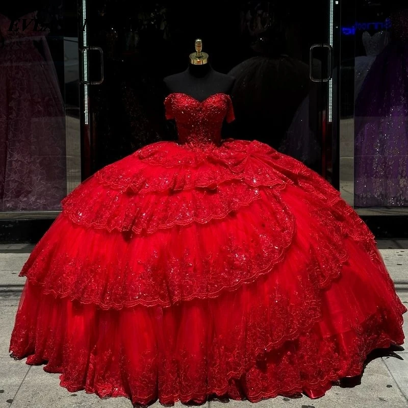 

EVLAST Sparkly Red Quinnceanera Dress Ball Gown Shiny Lace Applique Beaded Crystal Tiered Sweet 16 Vestidos De 15 Anos SQ623