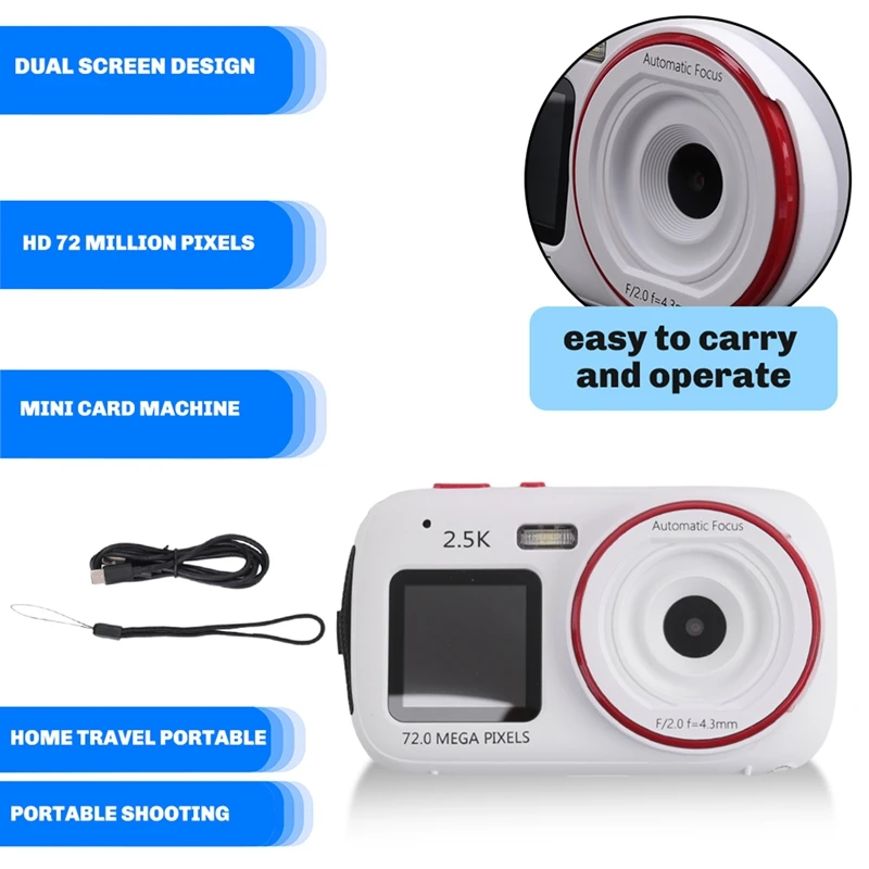 Câmera digital com zoom 16X, tela dupla, 72MP, HD, com função de reprodutor de MP3, câmera com foco automático para crianças