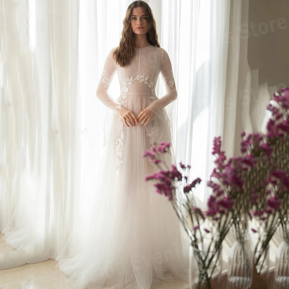 

Graceful A Line Women's Evening Dresses O Neck Prom Gowns Customized Long Sleeve Applique فساتين للمناسبات الخاصة Robe De Soirée