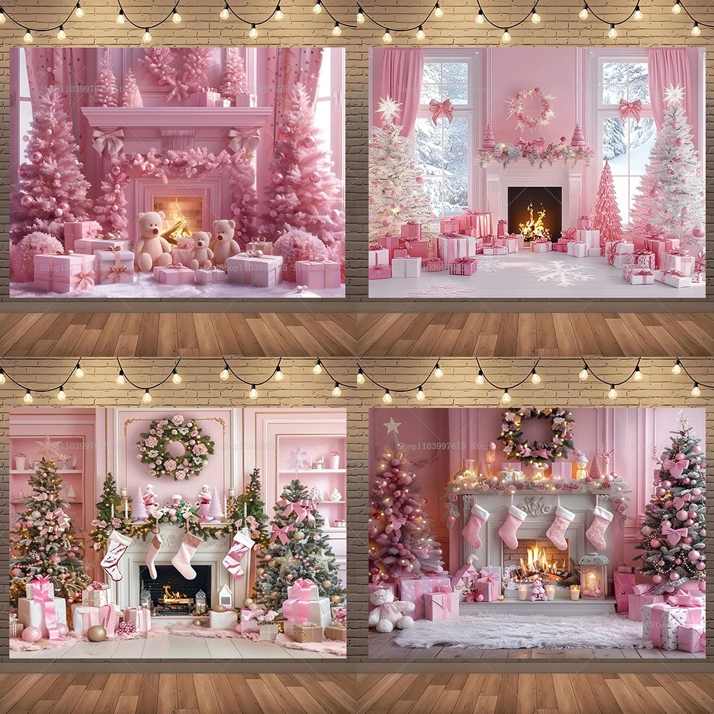 Pink Christmas Backdrop Xmas Tree Fireplace Gifts Box Photography Background Family Party Baby Shower Banner Decor Photo Studio