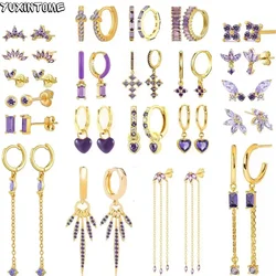 925 Brincos De Agulha De Prata Esterlina para Mulheres, Brincos De Argola De Cristal Zircão Roxo Dourado, Brincos Piercing INS de Alta Qualidade, Jóias Da Moda