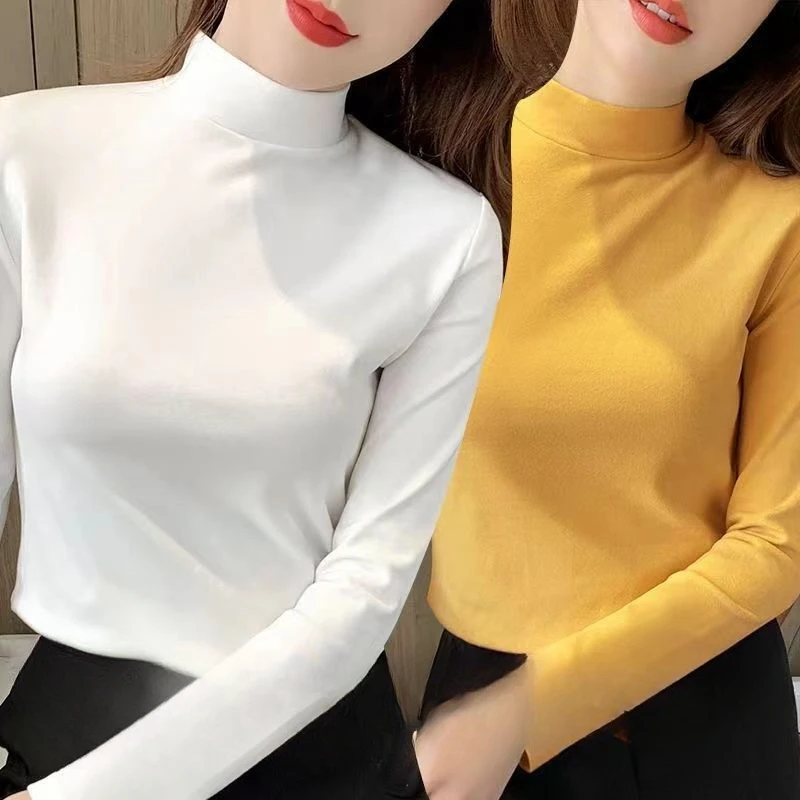 Solid Velvet High Collar Warm Base Shirt Strecth Casual and Regular Blouse Long Sleeve T-Shirt for Women Tees Shirts and Blouses