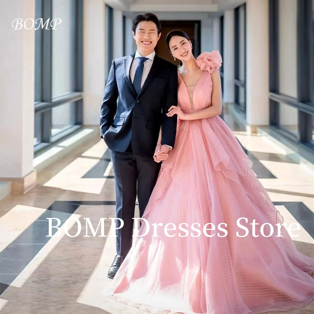 

BOMP Elegant Flowers Wedding Party Dresses Ruffles Pink A-Line Floor Length Evening Bridal Gown Korea Photo Shoot Customized