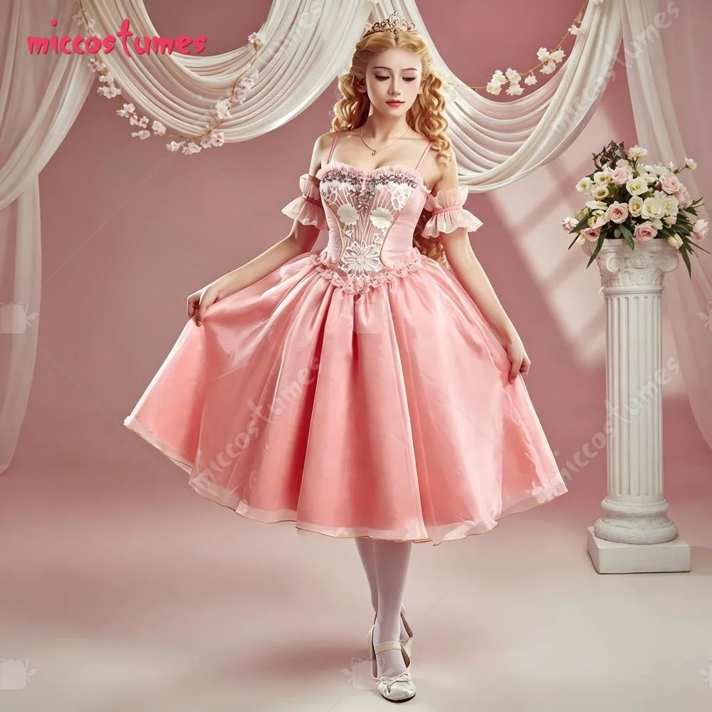【Versandbereit】Cosplay.fm Rosa Prinzessinnen-Cosplay-Kostümkleid mit Strumpfhose und Krone für Halloween