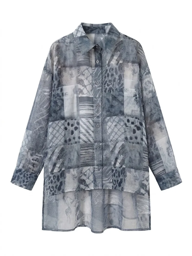 

Freeacy 2026 Summer Trendy Gray Sheer Blouse for Women Patchwork Art Print High Low Casual Blouse Party Outfit for Night Out