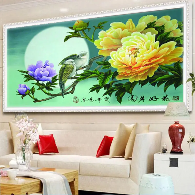 Embroidered pure handmade cross stitch finished product with beautiful flowers,round moon, magpie and peony flower pattern135*70