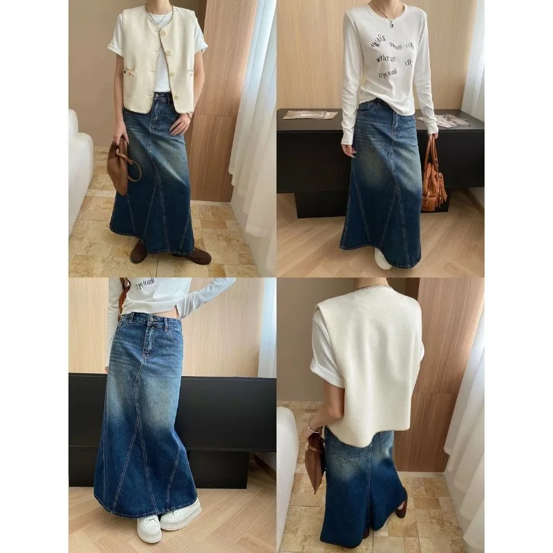 

EAEOVNI Blue Washed Denim Mermaid Skirt Women Fashion High Waist Gradient A Line Long Skirts Elegant 2025 Autumn New Clothing