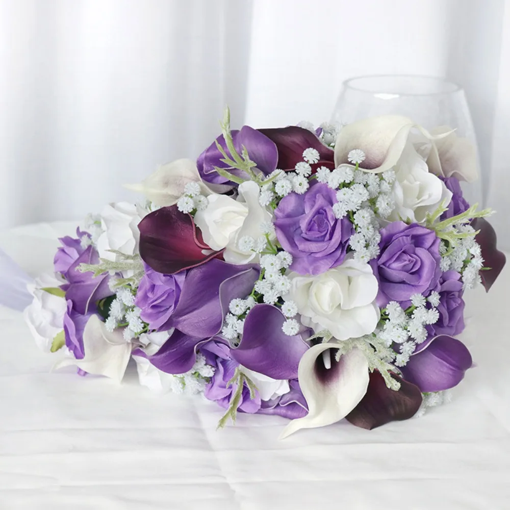 Artificial White Calla Lily Wedding Bouquets for Brides Water Drop Waterfall Holding Flowers  Purple Silk Rose مسكات عرايس