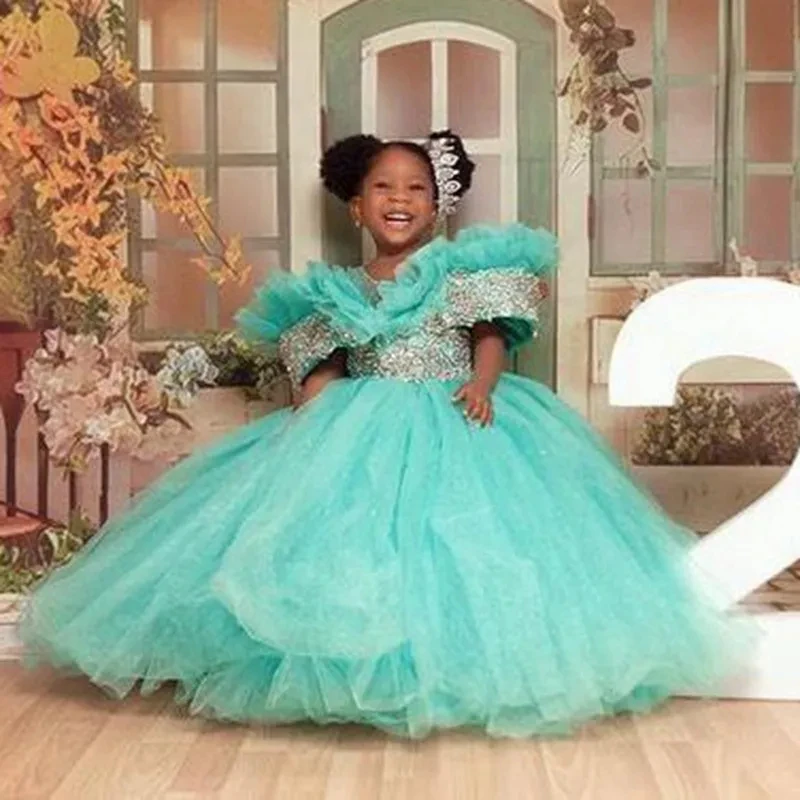 

Luxury Flower Girl Dress Pageant Gown O Neck Beading Glitter Princess Birthday Party Guest Evening Gowns