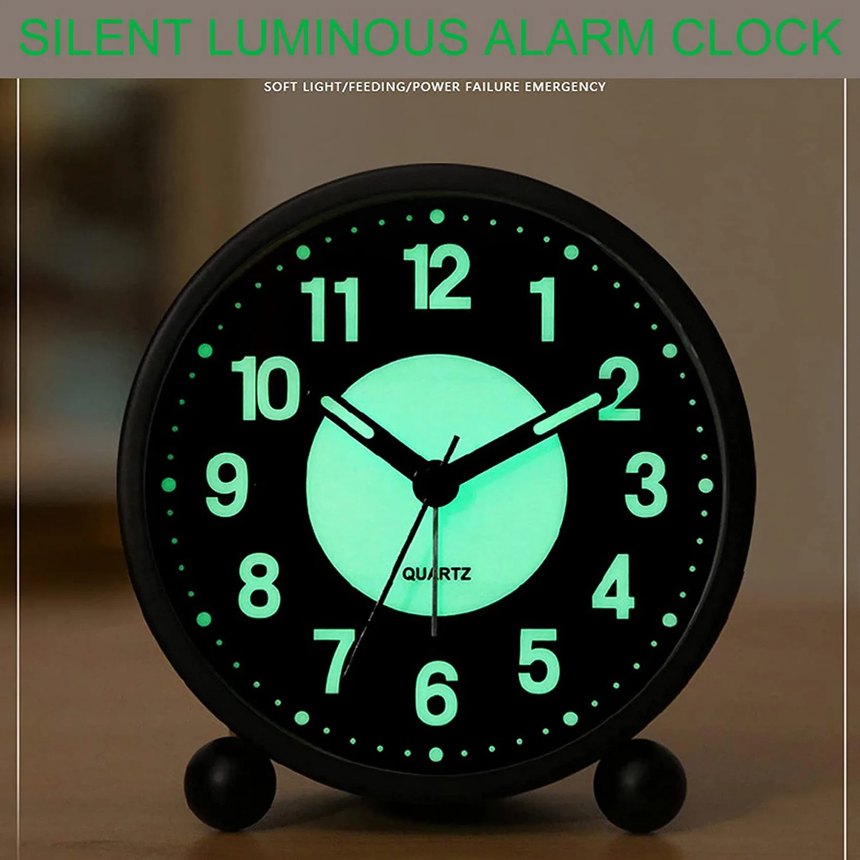 นาฬิกาปลุกเรืองแสงนาฬิกาตั้งโต๊ะแบบอนาล็อกเงียบ4นิ้วไม่ติ๊กใช้แบตเตอรี่พร้อมปลุกเสียงดังสำหรับห้องนอน