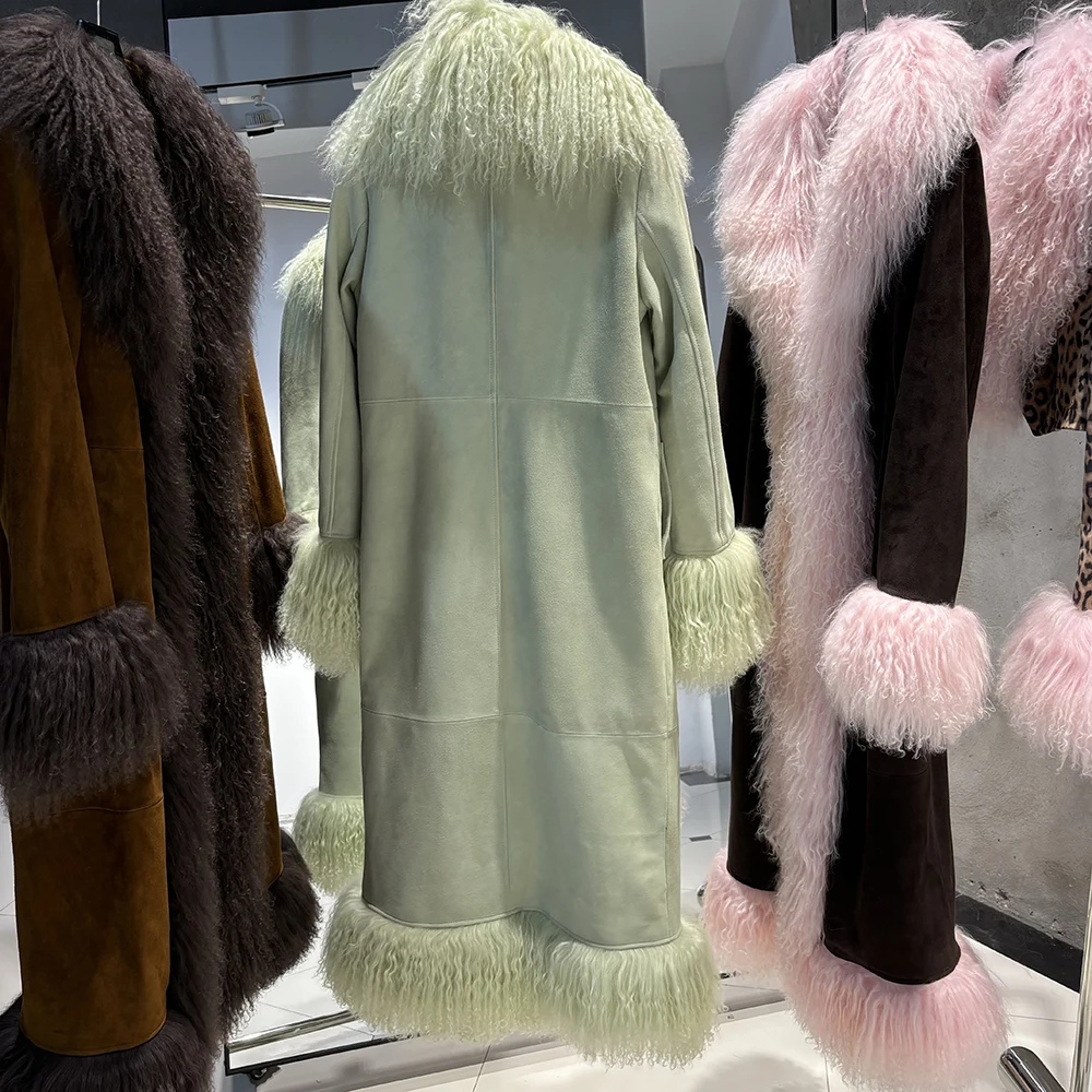 YOLOAgain Real Mongolia Sheep Fur Jacket Long Dark Brown Suede Coat Women