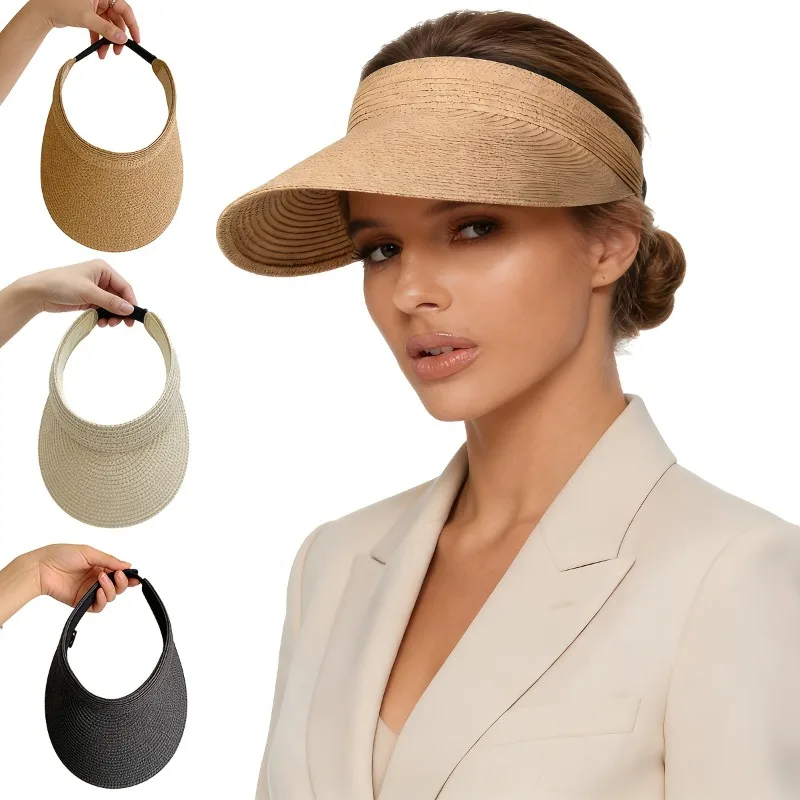 UV Protection Wide Brim Straw Visor Cap Foldable Portable Empty Top Sun Hat Adjustable Strap for Women Golf Beach Cycling