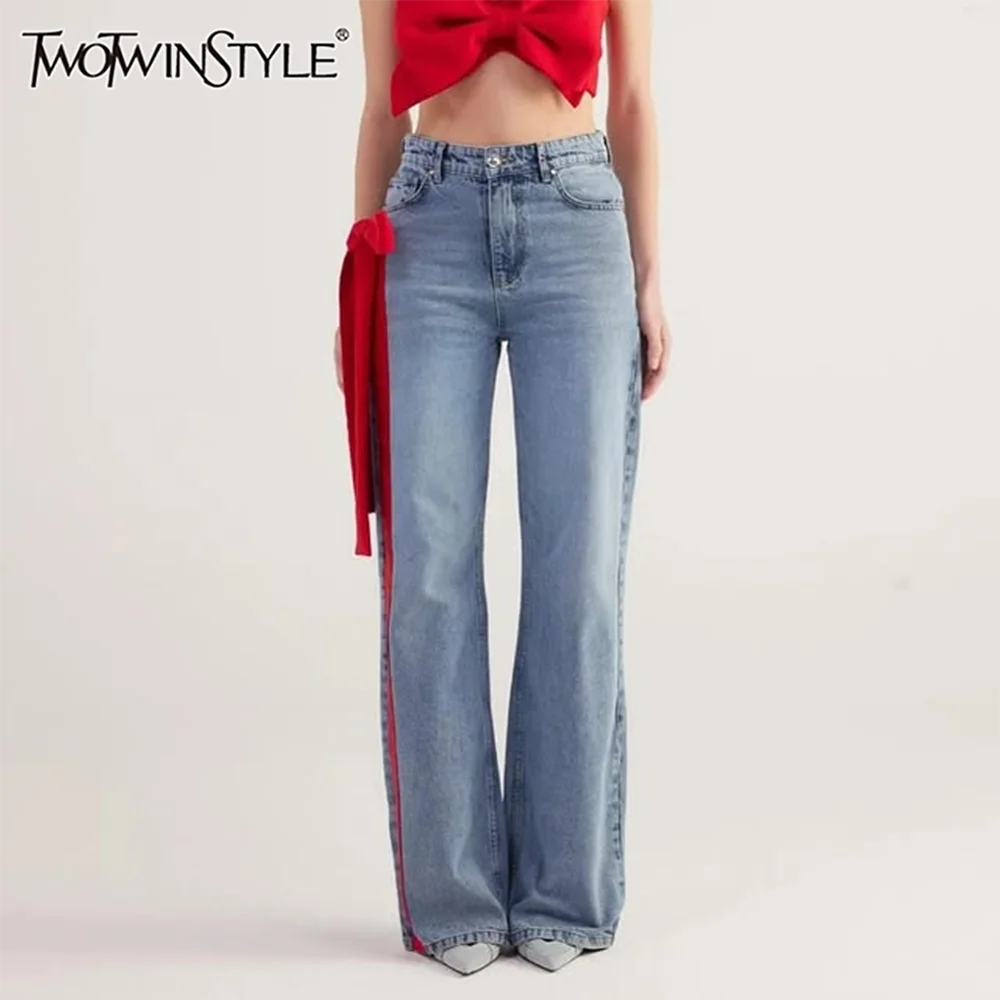 TWOTWINSTYLE Hit Color Slimming Pant for Women High Waist Minimalist Patchwork Bowknot Pant Female Fashion Style Clothes