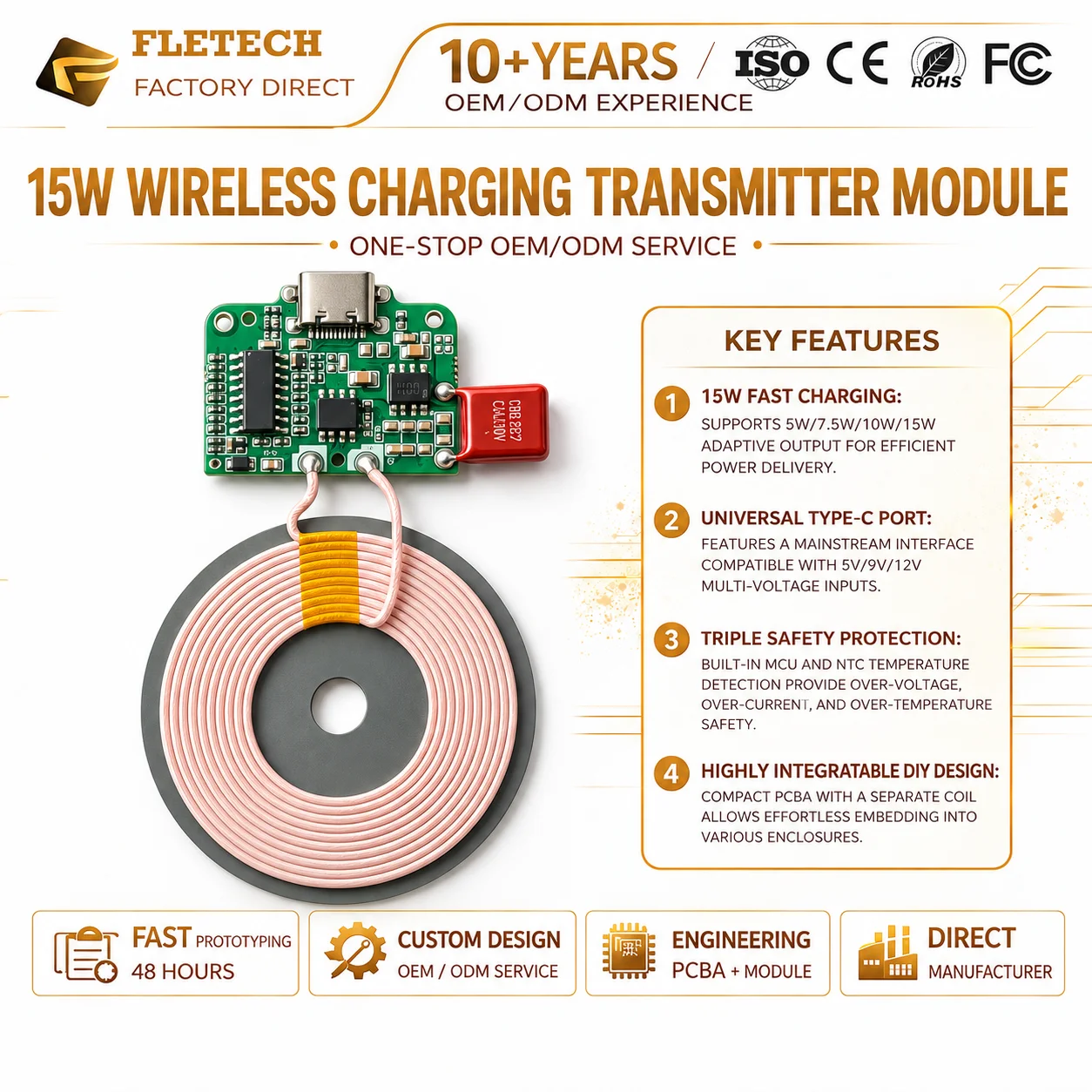 15W Qi Wireless Charger Transmitter Module with Built-in MCU Universal Type-C PCBA Circuit Board with Coil for DIY Furniture Car