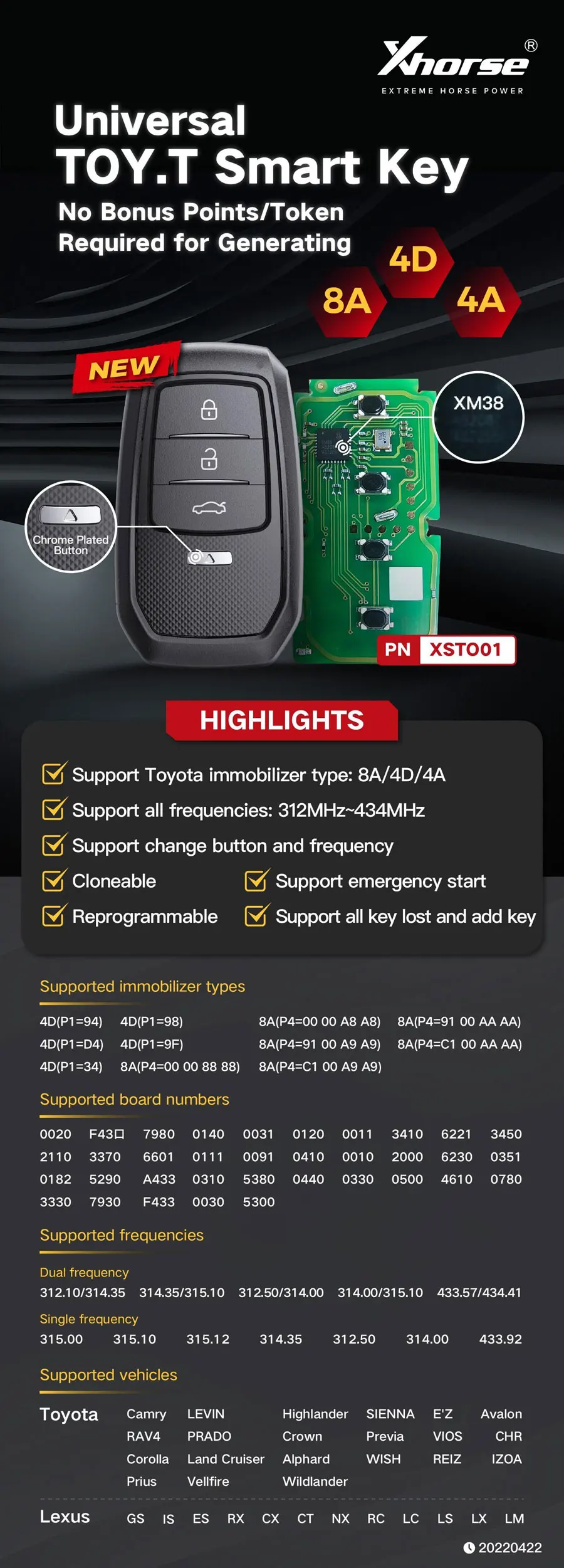 1 Stück Xhorse XSTO01EN XM38 Universal-Smartkey für Toyota Lexus Global Version 4D 8A 4A All-in-One-Chip 315 434 MHz mit Schlüsselgehäuse – Detail 7