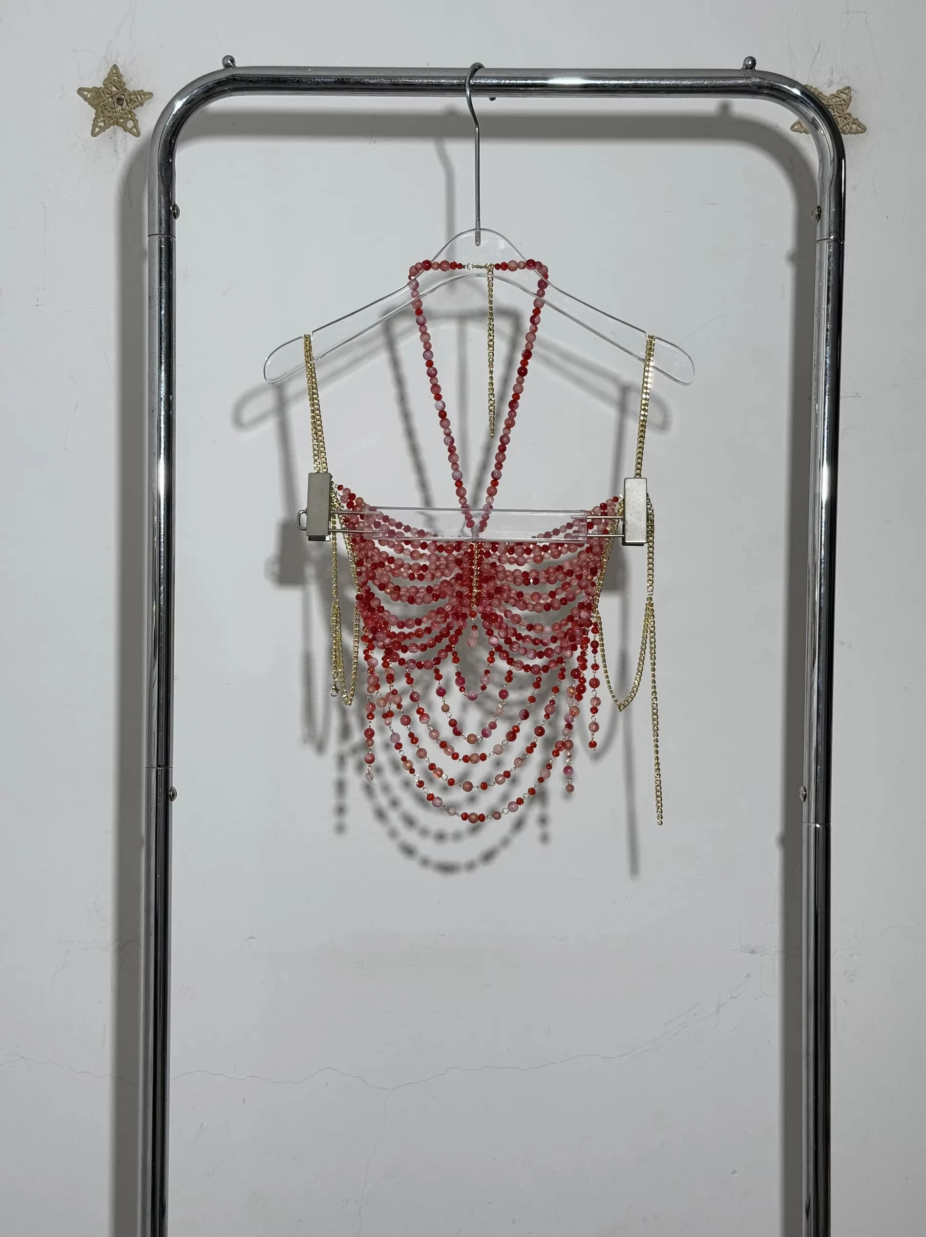 Sexy Women Handmade Body Chain Jewelry Red Purple Beaded Body Chain Bikini Bra Backless Romantic Tank Top