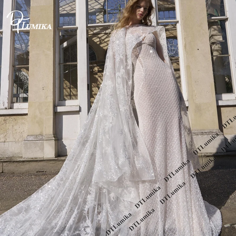 Stunning Lace Mermaid Wedding Dress with Long Cape Veil Boho Sheer Bridal Gown Floral Appliques for Beach Garden Boho Wedding