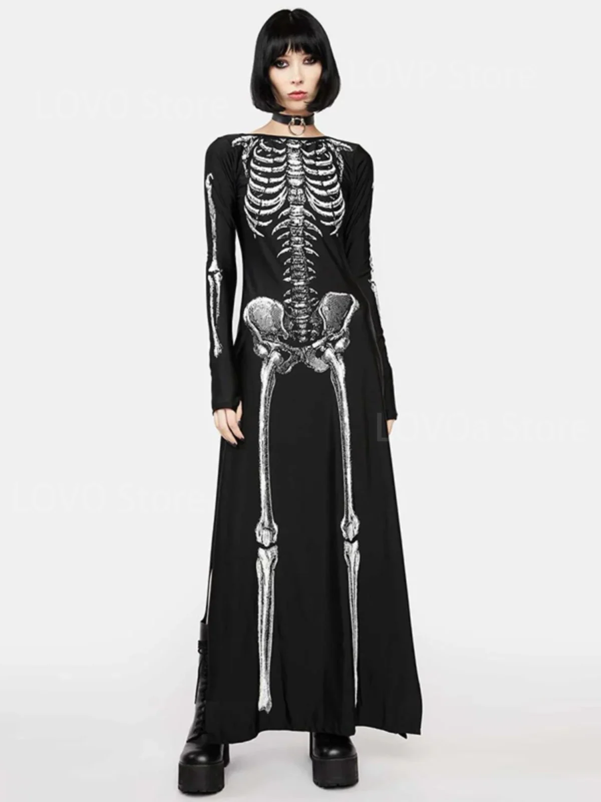 

Halloween costume cos costume skull print dress goth black long dress subculture festival atmosphere skirt