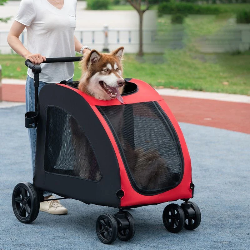 

Foldable Large Dog Stroller for Big Pets up to 50kg,5 Mesh Panels,Adjustable Handle,Shock-Absorbing Wheels&Independent Brake