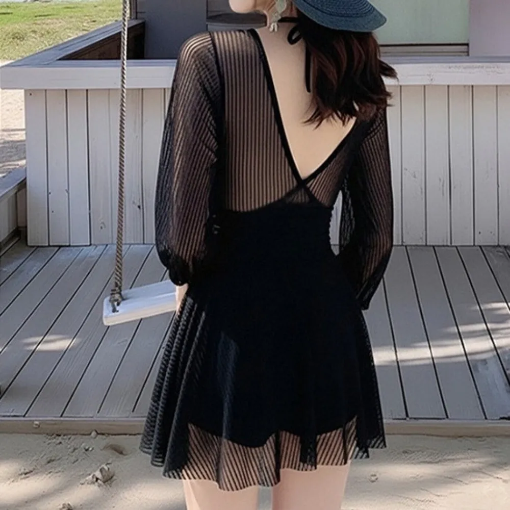 

Sweet Transparent Long Sleeve Skirt Swimsuit Backless V-neck Beachwear Clothing Hanging Neck Slim Fit Mesh Swimsuit Ladies