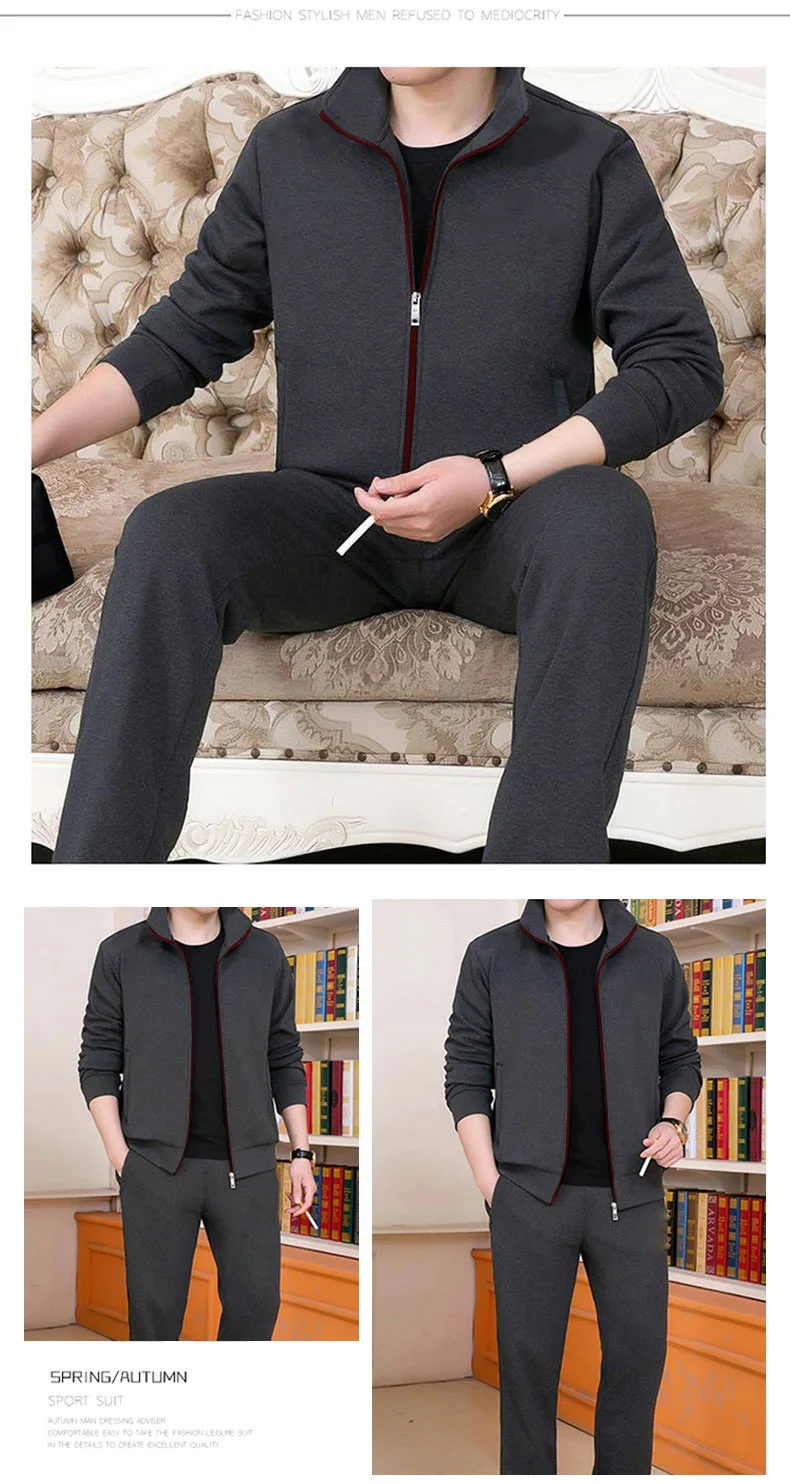 Solider Herren-Trainingsanzug mit Stehkragen, Reißverschluss-Sweatjacke, elastischem Kordelzug an der Hose, Herbst-Winter-Freizeitkleidung, zweiteiliges Set. – Detail 9