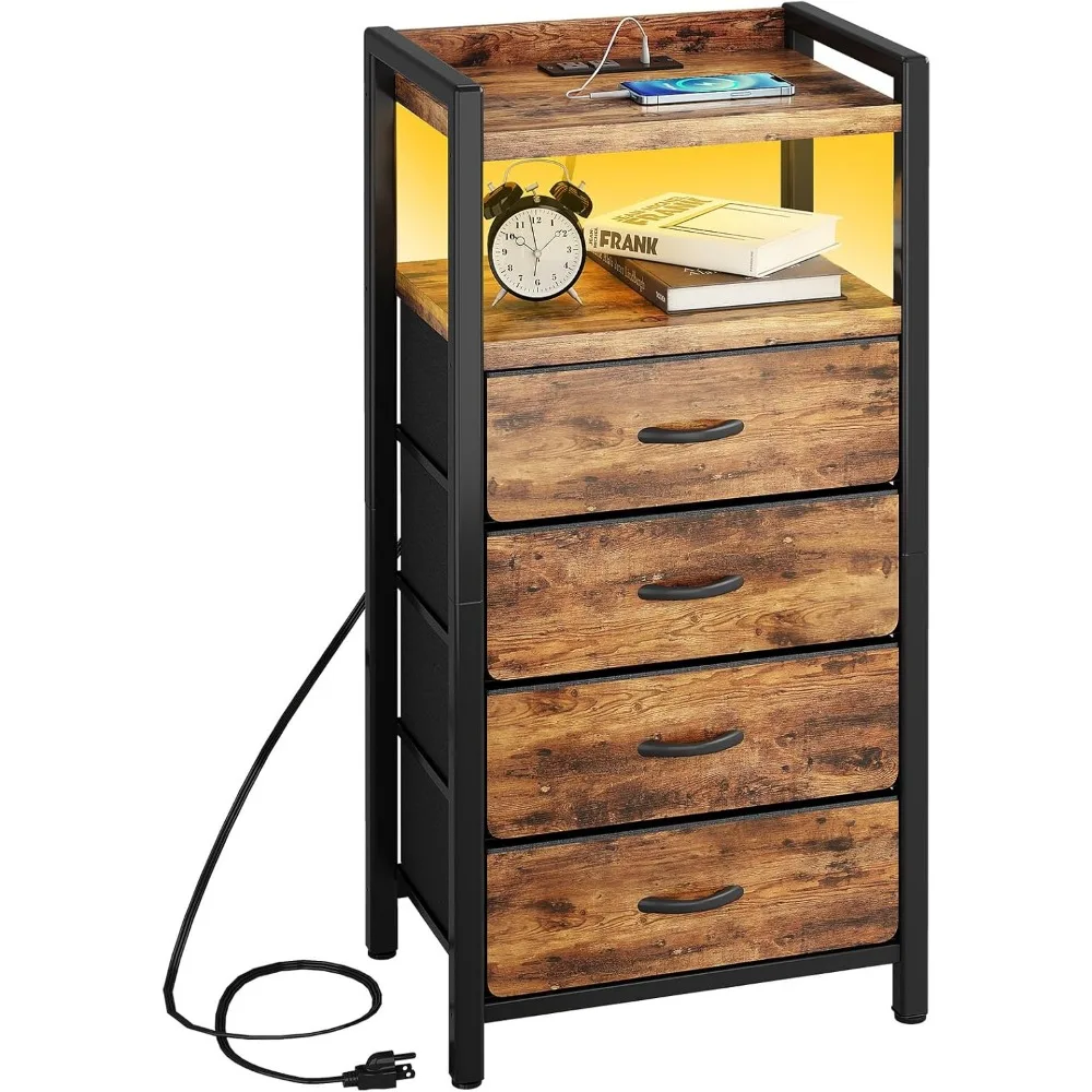 

Night Stand with Charger Station and LED Light Rustic Brown Nightstand with Drawers Bedside Table Tall Nightstand 4 Fabric Draw