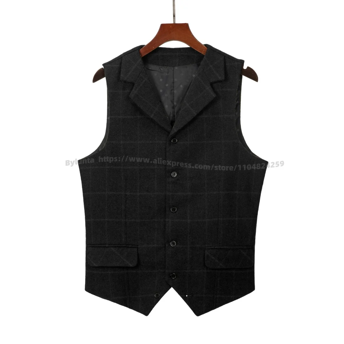 Bylunta Mens Suit Vest Notched Plaid Wool Herringbone Tweed Waistcoat Casual Formal Business Groomman For Wedding