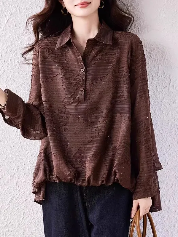 

Retro Large Size Women's Long Sleeve Chiffon Shirt Floral Embroidery Loose Tummy Covering Top Elegant Miniature Blouse