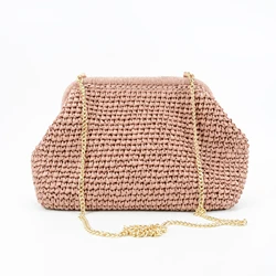 Handmade Crocheted Raffia Straw Clutch Bag Chain Strap Summer Evening Party Pouch Gift for Women