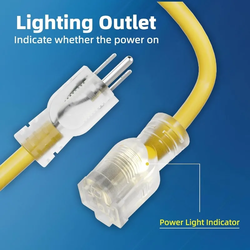 Cabo de extensão externo de calibre 12, 100 pés à prova d'água, plugue de 3 pinos, SJTW resistente 15A 1875W, cabo de extensão amarelo com iluminação
