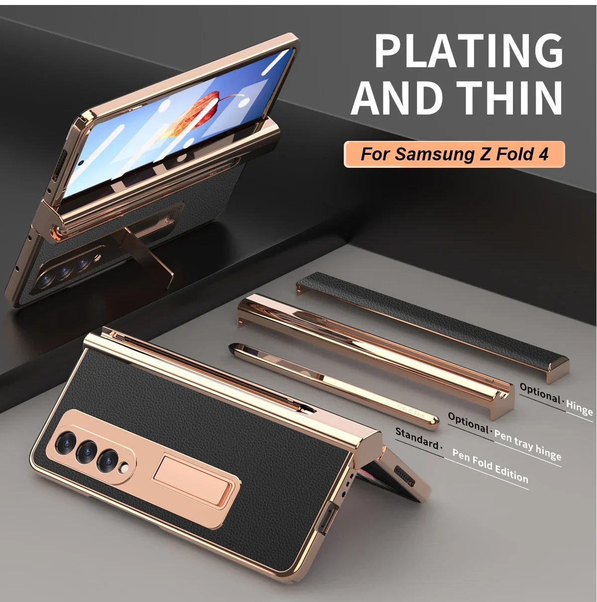 Luxury Leather Plating Hinge Pen Slot Case for Samsung Galaxy Z Fold 4 5G Magnetic Bracket Cover for Samsung Fold4 Case with Pen