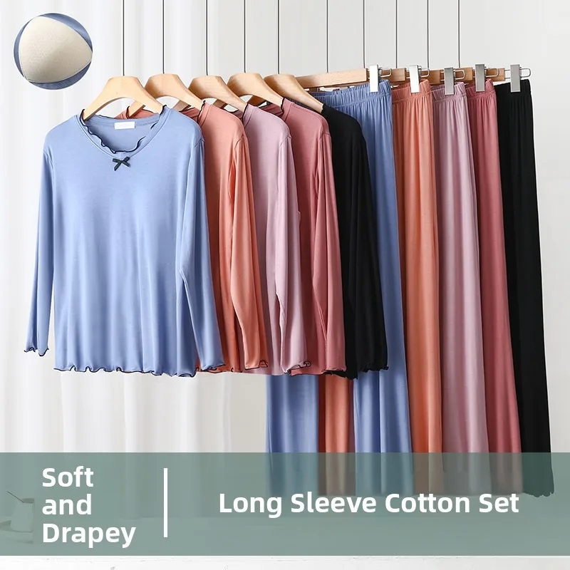 Spring New Modal Long Sleeve Long Pants Sleepwear Set Loose Home Clothes Two-Piece Set Outwear Comfortable V-Neck Casual Style