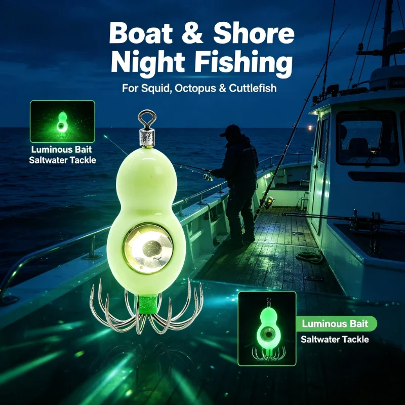 1PC 3D Realistic Modeling Luminous Squid Hook Barb-free Fluorescent Light 10 Hook Boat Fishing Hook Squid