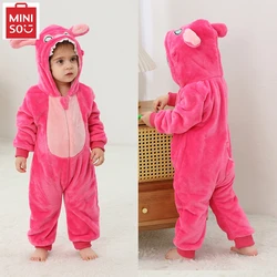 MINISO Boys Girls Stitch Pajamas Baby Flannel Hooded Jumpsuits Toddler Animal Rompers Halloween Children Cosplay Costume Onesies