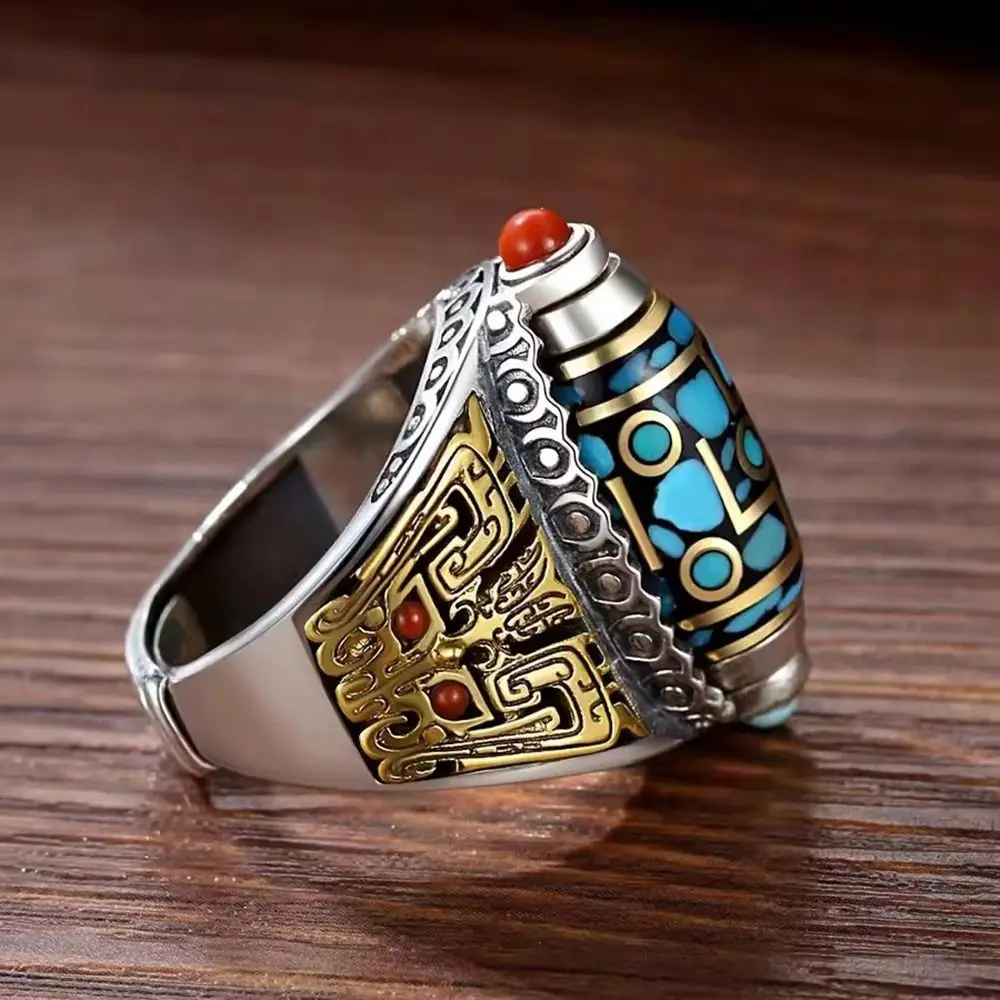 Adjustable Size Nine Turns Dzi Ring Six-character Mantra Vintage Ethnic Style Ring Open Luck Tibetan Rotatable Finger Ring