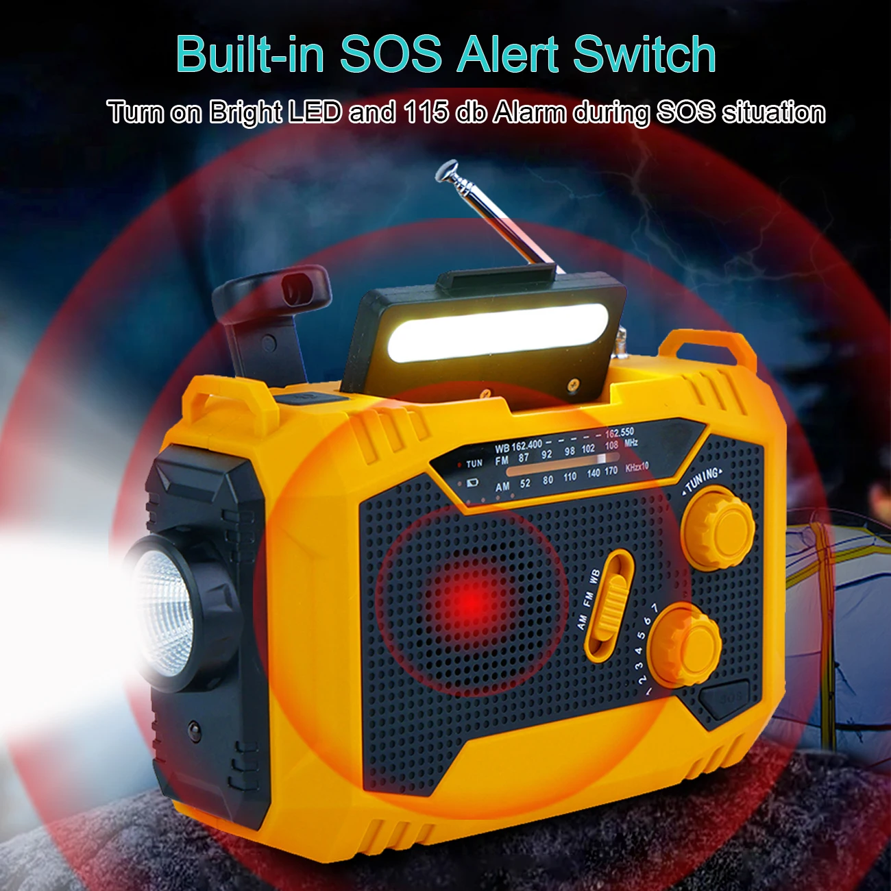 Emergency Weather Radio,Outdoor Portable Hand Crank Radio Solar Powered,AM/FM, SOS Alarm,LED Reading Lamp,Flashlight,Power Bank