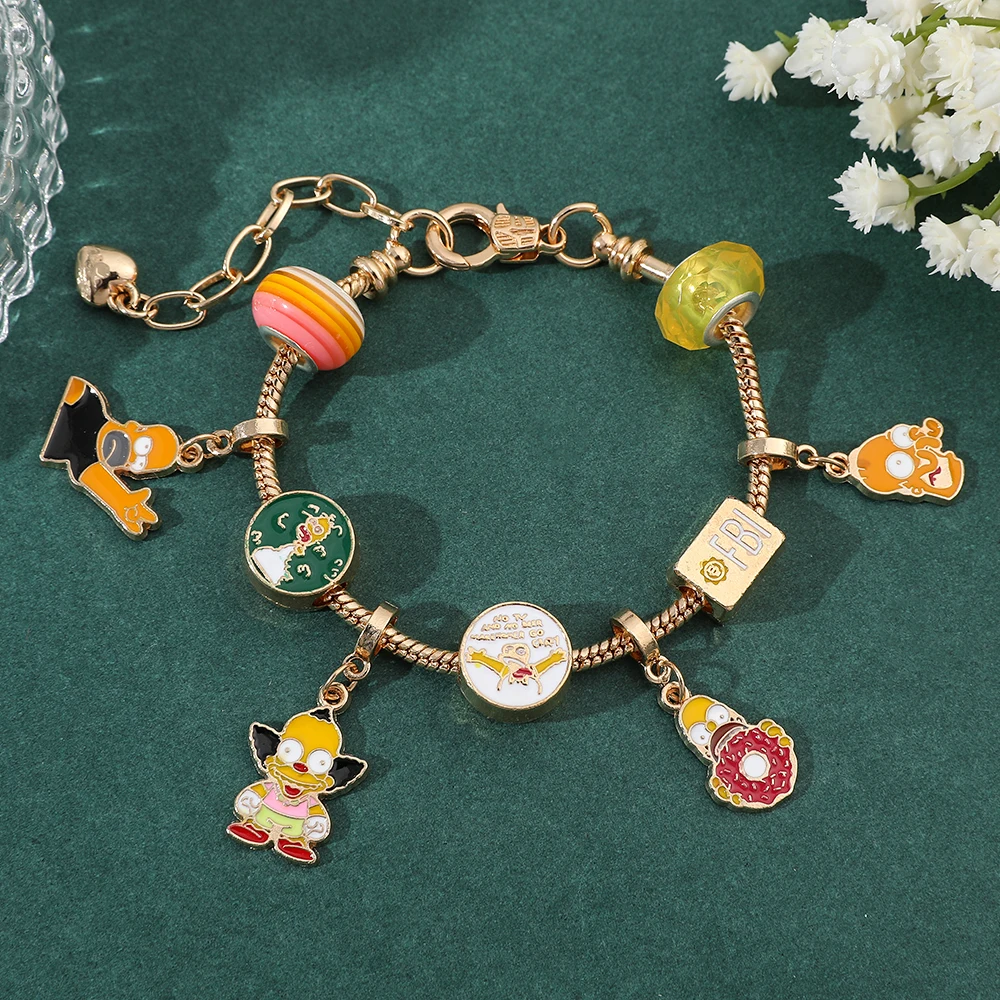 Anime The Simpsons Bracelets Cartoon Figure Homer Beads Pendant Bangle for Women Diy Hand Chains Fashion Jewelry Gift