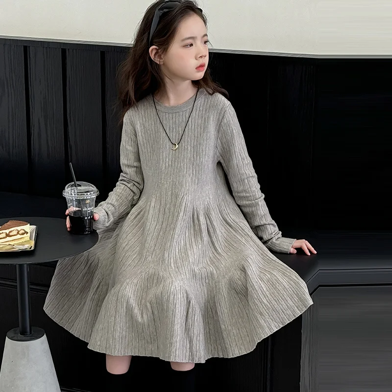 Fancy Girls Sweater Dress Kids Fashion Knitted Trumpet Dress For Girls Children Autumn Clothing For Age 5 6 7 8 9 10 11 12 13 14