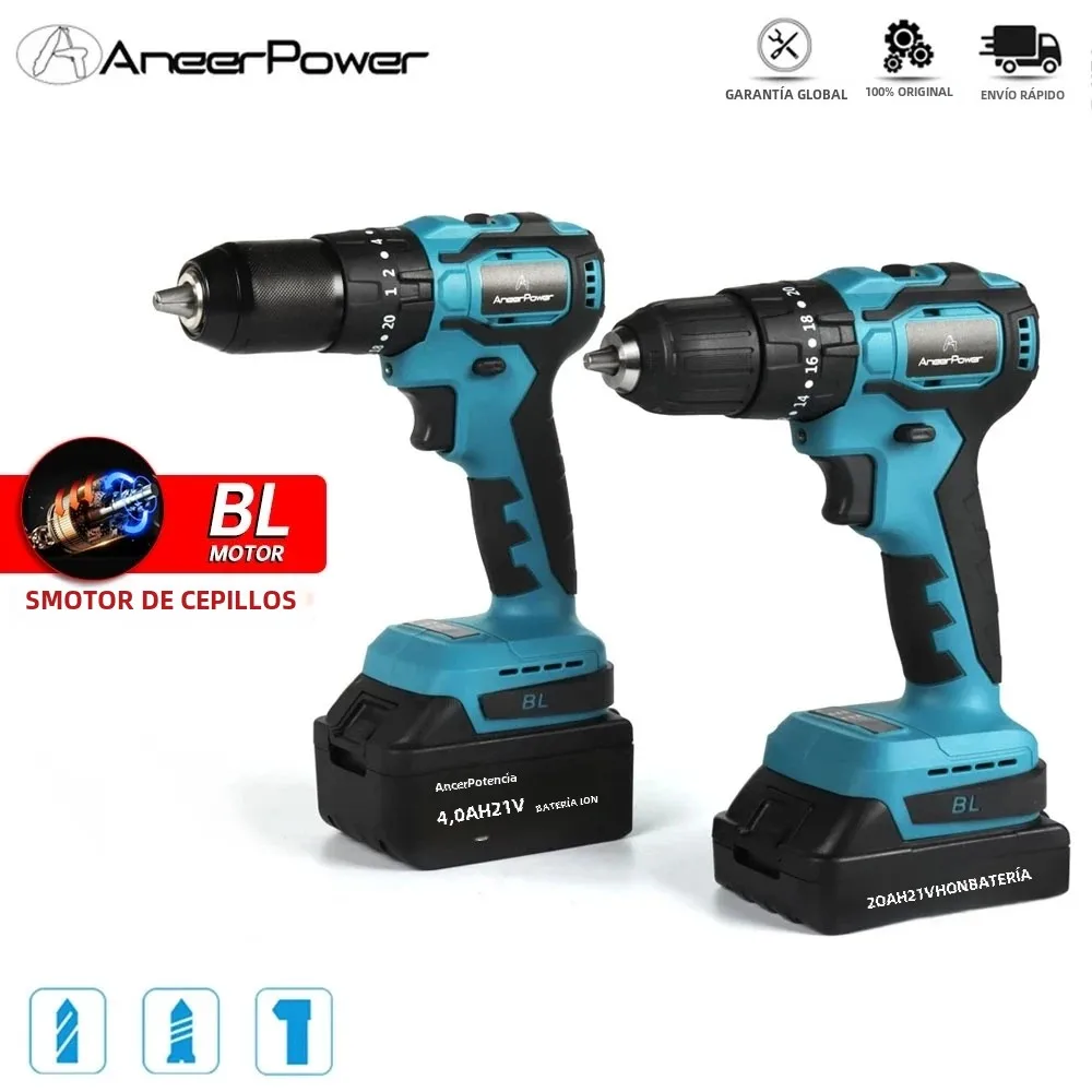 Destornillador sin escobillas de 21V, Mini taladro eléctrico de mano de impacto inalámbrico con carga resistente al agua para taladro con batería de litio Makita