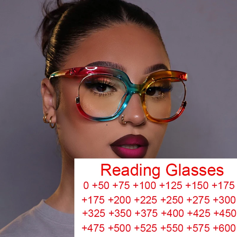 Fashion Oversized Square Rainbow Reading Glasses Women Men Luxury Brand Large Frame Presbyopia Eyeglasses Readers +1.75 +3.25 +6