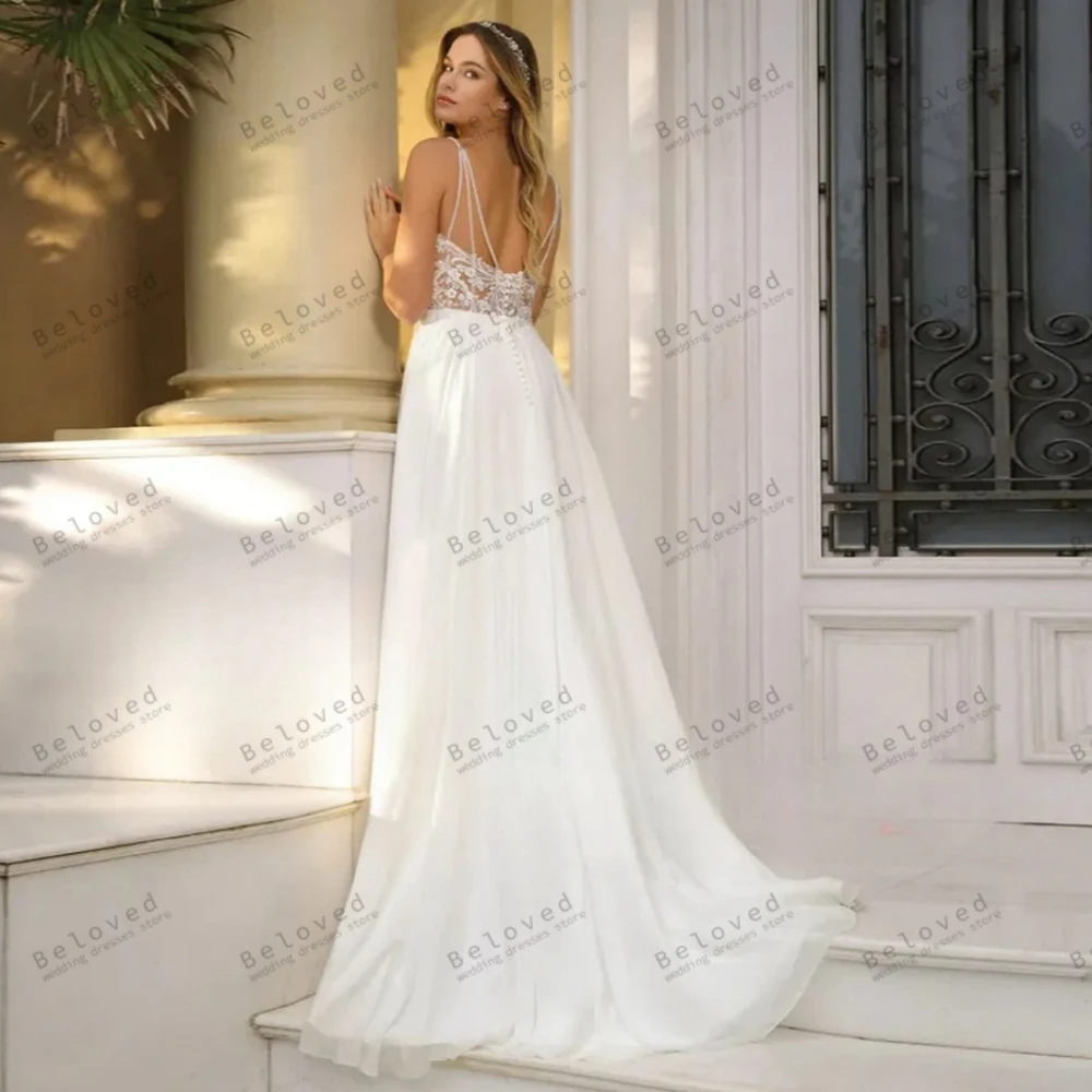 Vestidos De Novia Vintage Línea A Vestidos De Novia De gasa Apliques De encaje Sin mangas Vestidos sin espalda 2025 Vestidos De Novia personalizados