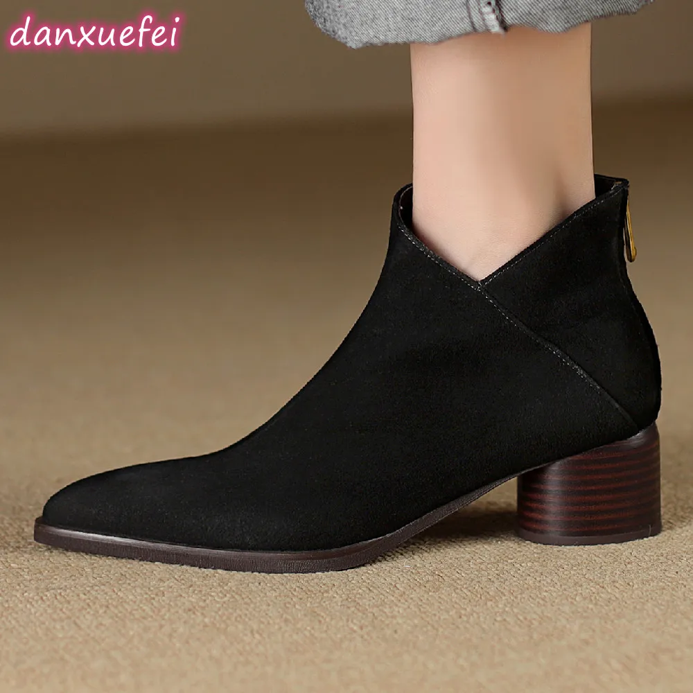 Damski danxuefei naturalny zamsz skóra 4.5cm med pięta szpiczasty palec u nogi tylny suwak jesienne botki elegancka krótkie buty damskie