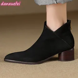 Danxuefei pelle scamosciata naturale da donna 4.5cm di spessore tacco medio punta a punta cerniera posteriore stivaletti autunnali eleganti stivaletti da donna