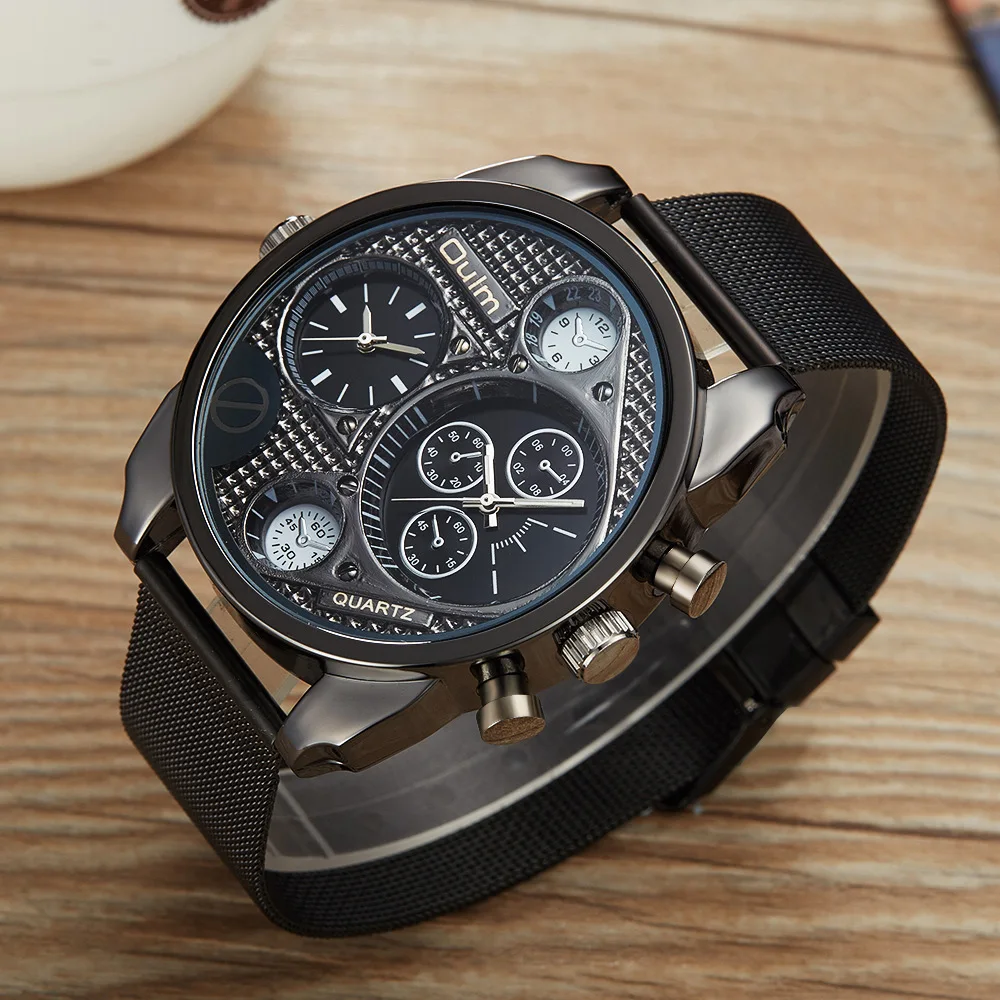 2024 Fashion Oulm Two Time Zone Black Mesh Full Steel Business Men Military Watches Big Quartz Sport Top Luxury Brand Male Clock