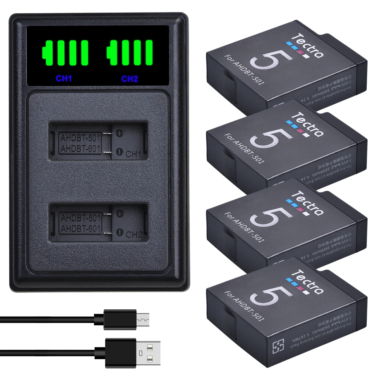 1600mAh AHDBT-501 Battery + LED Dual Charger for Gopro Hero 5,Hero 6,Hero 7 Black,Hero 2018 Go pro Hero7 Battery