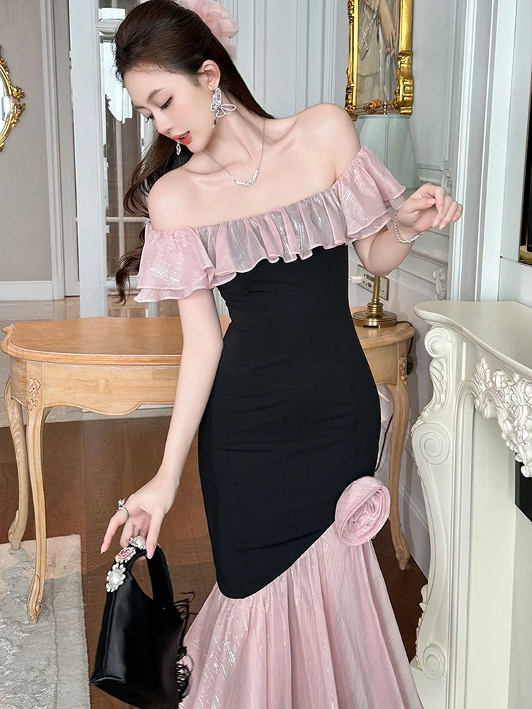 여성 의류 달콤한 프릴 섹시한 오프 숄더 슬림 Fishtail 롱 드레스 우아한 저녁 파티 댄스 파티 드레스 가운 캐주얼 여름 새로운