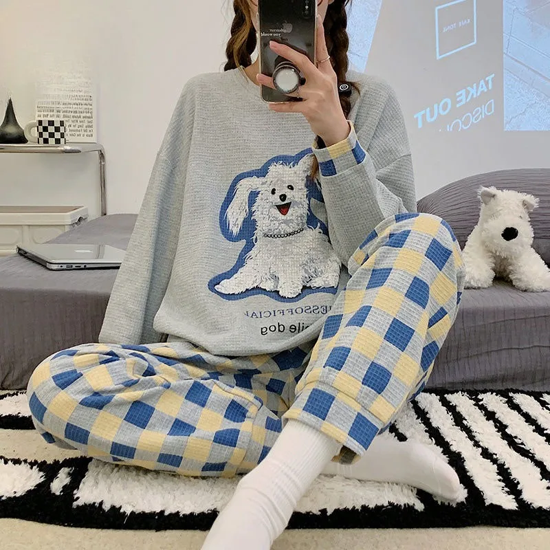 Women Pajamas Spring Female Long Sleeve Korean Style Cartoon Bear Waffle Cotton Homewear Suit Loose Casual Sleepwear Set 2024