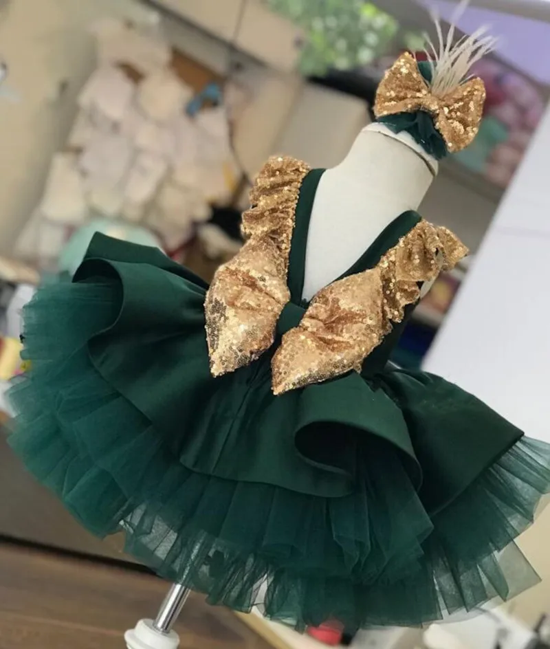 Handmade เด็กชุดเด็กผู้หญิง Bow เด็กวัยหัดเดินวันเกิด Party Gowns Sequined Tiered Tulle ดอกไม้ชุดเดรสเด็กผู้หญิงคริสต์มาสปีใหม่