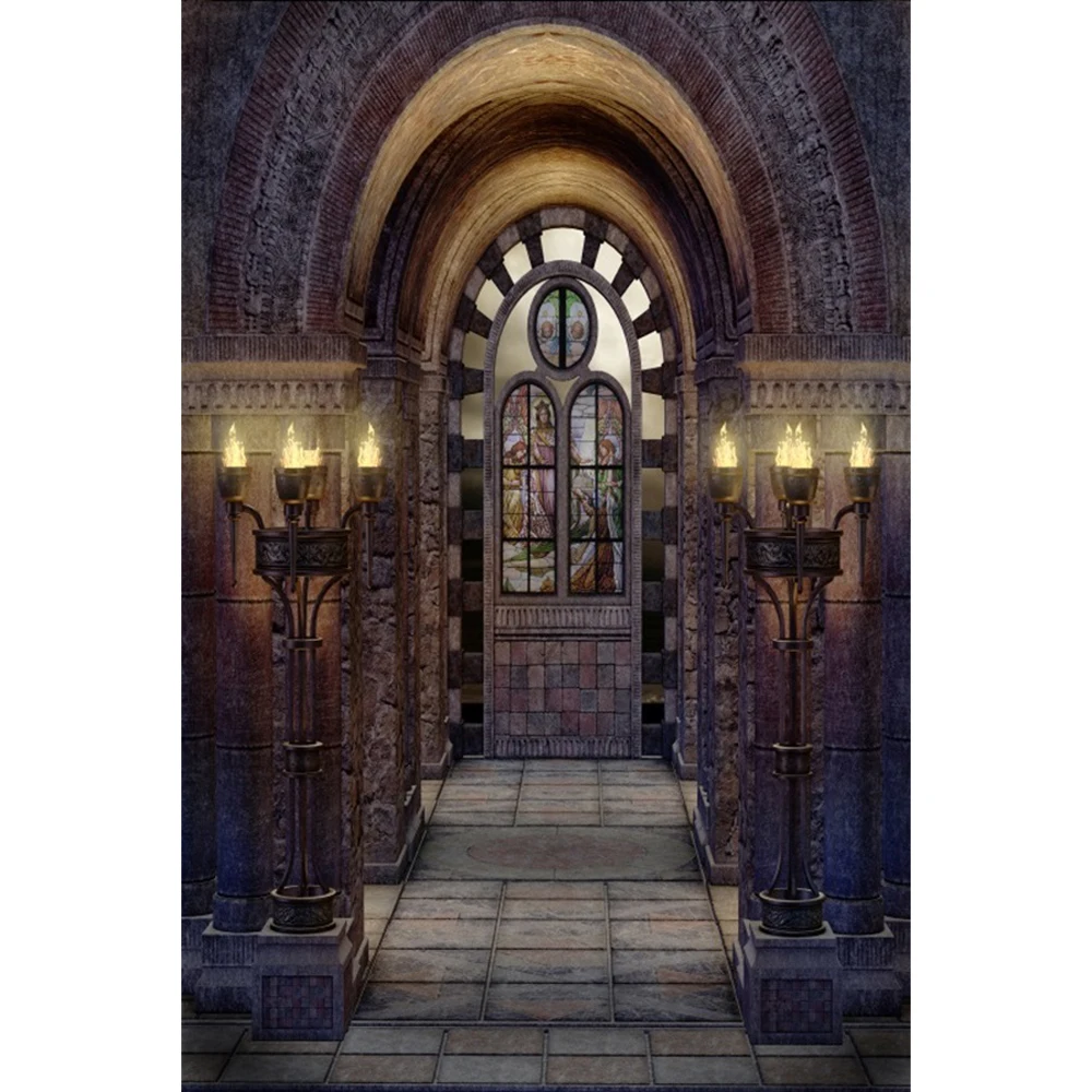 Laeacco Gothic Castle Photography Backdrop Ancient Stone Wall Columns Arches Iron Gates Corridor Kids Adults Portrait Background