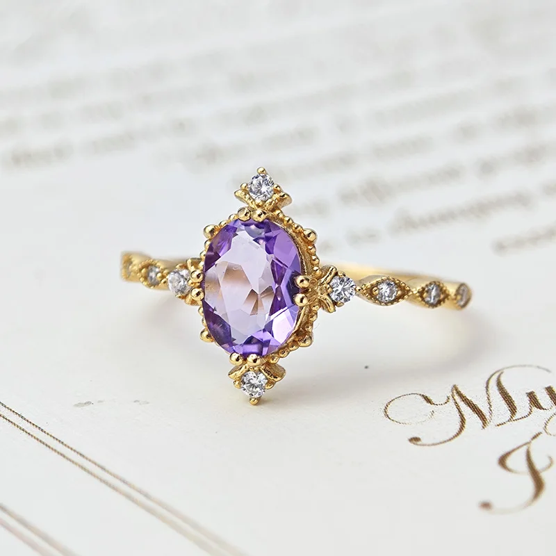 Fine Jewelry Ring 925 Sterling Silver Natural Amethyst Gemstone Women's Ring Elegant Style for Women Fine Jewelry